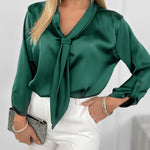 Women's Satin Tie Neck Blouse Elegant Roll Up Long Sleeve Shirt Work Blouse