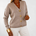 Women's Gold Button Knit Cardigan V Neck Sweater with Pockets