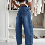 Women's Barrel Jeans High Waisted Side Button Denim Pants Distressed Washed Baggy Trousers Retro Y2K Streetwear