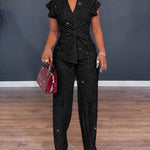 Women's Glitter Textured 2 Piece Outfits V Neck Twist Cap Sleeve Slit Top and High Waist Straight Leg Pants Set