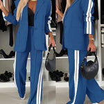 2 Pieces Outfit Notched Collar Single Breasted Pockets Design Coat and Elastic Waist Seam Front Wide Leg Pants Set Casual Contrast Side Striped Blazer Set