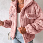 Textured Striped Turn-down Collar Button Front Elastic Cuff and Hem Teddy Fleece Jacket With Decorative Flap Pockets