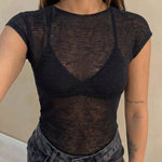 Round Neck Cap Sleeve Semi-Sheer Minimalist Slim Fit Top