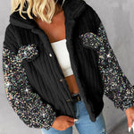 Turn-down Collar Sequin Patch Teddy Jacket