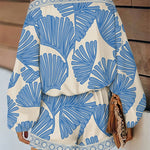 Women's Tropical Leaf Print 2 Piece Set Skew Neck Lantern Sleeve Top and Elastic Waist Shorts with Pockets & Lace