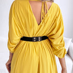 Deep V-Neck Ruched Three Quarters Sleeve Backless Overalls Casual Waist-Gathered Tied Detail Jumpsuit without Belt
