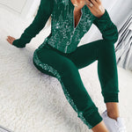 2 Pieces Outfit Contrast Sequin Ruched Long Sleeve Zip Up Coat and Elastic Waist Pants Set Casual Slim Fit Velvet Tracksuit