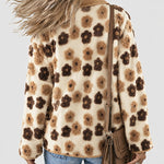 Women's 3D Faux Shearling Floral Jacket Corduroy Trim Button Down Fleece Coat