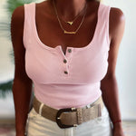 U-Neck Sleeveless Half Button Front Tank Slim Fit Backless Knit Waffle Tank Top