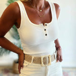 U-Neck Sleeveless Half Button Front Tank Slim Fit Backless Knit Waffle Tank Top
