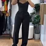 2 Pieces Outfit Thick Strap Button Front Shirred Back Slim Fit Crop Top and Casual High Waist Zipper Fly Elastic Back Waist Wide Leg Pants Set
