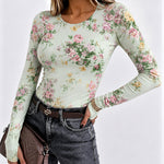 Women's Floral Print Long Sleeve Top Slim Fit Tee with Thumb Holes