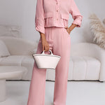 2 Pieces Outfit Turn-down Collar Turn-Up Sleeves Button Front Flap Pockets Design Top and Causal Zipper Fly Elastic Back Waist Wide Leg Pants Set