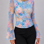 Women's Floral Watercolor Print Boat Neck Ruched Sheer Mesh Flare Sleeve Top