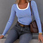 Women's Striped Ribbed U-Neck Long Sleeve Top Slim Fit Contrast Trim Tee