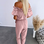 Frill Trim Off Shoulder Short Sleeve Tie Waist Overalls Casual Textured Jumpsuit
