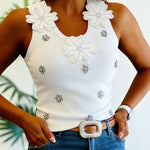 Women's 3D Floral Applique Knit Tank Top Rhinestone Beaded Sleeveless U Neck Ribbed Slim Fit Party Clubwear Top