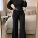 2 Pieces Outfit O-neck Long Sleeve Cinched Waist Sweatshirt and Elastic Waist Wide Leg Pants Set Casual Seam Design Sweatpants Set
