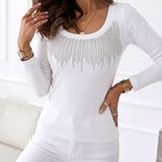 Women's Square Neck Long Sleeve Top Rhinestone Ribbed Knit Shirt Slim Fit Casual Sparkly Tee