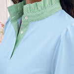 Women's Contrast Stripe Patchwork Blouse Frill Hem Stand Collar Puff Lantern Sleeve Shirred Cuff Pullover Shirt