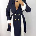 Colorblock Pleated Spliced Notched Collar Pleated Flared Cuff Double Breasted Blazer Dress Elegant Cinched Waist Flared Hem Commuting Dress