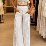Women's Boho Lace Spliced Wide Leg Pants Casual Drawstring High Waist Pants