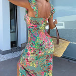 Women's Floral Sweetheart Neck Mid-length Dress Flutter Sleeve High Slit Bodycon Summer Vacation Dress