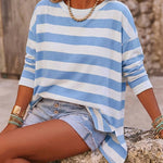 Women's Striped T Shirt Long Sleeve Drop Shoulder Crewneck Tee Side Slit Casual Loose Fit Top