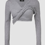 Chicme Built In Bra Notch Neck Long Sleeve Shirts Rib Knit Ruched Waist Top