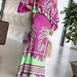 2 Pieces Outfit Skew Neck Lantern Sleeve Loose Fit Top and High Waist Elastic Waist Fishtail Maxi Skirt Set Casual Tropical Print Vacation Set