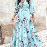 Women's Floral Print Ruffle Hem Maxi Dress V-Neck Three Quarters Sleeve Shirred Back A-Line Vacation Dress