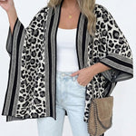 Women's Leopard Print Poncho Cardigan Contrast Striped Trim Open Front Loose Fit Batwing Sleeve Knit Cape Shawl