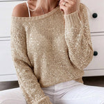 Women's Sequin Knit Sweater Loose Skew Neck Pullover Top Sheer Hollow Out Shimmering Long Sleeve Top