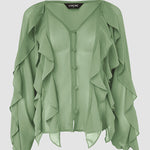 V Neck Shoulder Ruffles Design Blouse Casual Button Front Long Sleeve Top