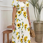 Women's Sunflower Print Midi Dress Puff Sleeve Tie Neck Sundress Shirred Back Slit A-Line Vacation Dress with Lining