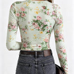 Women's Floral Print Long Sleeve Top Slim Fit Tee with Thumb Holes