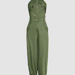 2 Pieces Outfits Sleeveless High Neck Cargo Pockets Design Top And Casual Cuffed Long Pants Set
