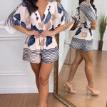 Tropical Leaves Print Overlap V Neck Batwing Sleeve High Waist Romper Casual Striped Spliced Backless Tie Back Shirred Waist Vacation Romper