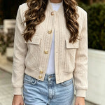 Women's Vintage Argyle Cable Knit Bomber Jacket Elegant Baseball Collar Button Down Cropped Coat with Flap Pockets