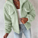 Textured Striped Turn-down Collar Button Front Elastic Cuff and Hem Teddy Fleece Jacket With Decorative Flap Pockets