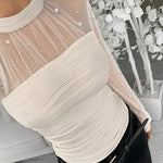 Pearls Decor Mock Neck Sheer Mesh Spliced Ruched Tee Hollow-out Back Slim Fit Textured Top