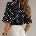 Women's Mock Neck Chiffon Blouse Polka Dot Ruched Elegant Flared Sleeve Top Casual Office Commute Shirt