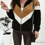 Women's Colorblock Faux Shearling Jacket Casual Zip Up Stand Collar Teddy Coat