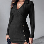 Polo V-Neck Long Sleeve Fleece Lined Bodycon Dress Slit Button Decor Ribbed Mini Dress