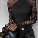 Women's Glitter Sheer Mesh Ruched Long Sleeve Mock Neck Ribbed Bodysuit