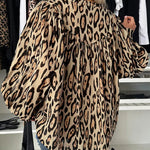 Leopard Print Round Neck Long Sleeve Front Button Blouse Casual Top