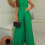 Women's Pleated Wide Leg Jumpsuit Spaghetti Strap High Waisted Shirred Backless Flared Overalls