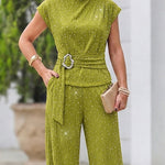 Women's Rhinestone Textured 2 Piece Outfits Mock Neck Cap Sleeve Ruched Top and Wide Leg Pants Set Casual Work Suit