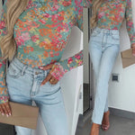 Women's Floral Print Sheer Mesh Top Long Sleeve Slim Fit Crewneck Layering Top with Thumb Hole Cuffs