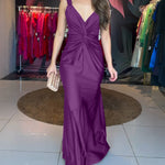 Deep V-Neck Braided Straps Twist Front Cinched Waist Evening Dress Casual Zipper Back Mermaid Hem Satin Maxi Dress